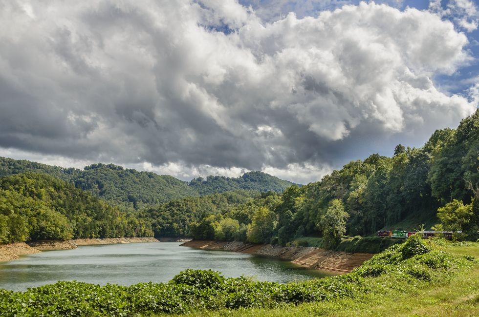 A passing storm descends on Lake Junaluska and the Great Smokey Mountains Railroad of North Carolina.