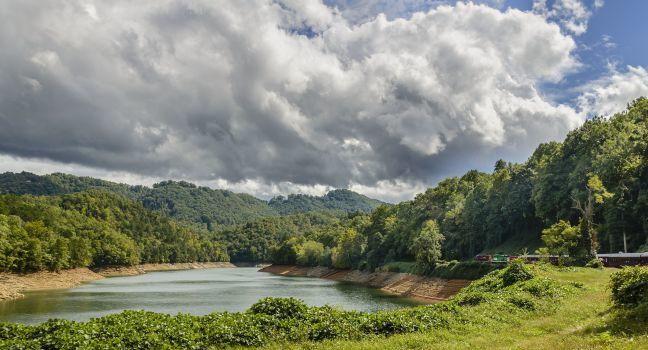 A passing storm descends on Lake Junaluska and the Great Smokey Mountains Railroad of North Carolina.