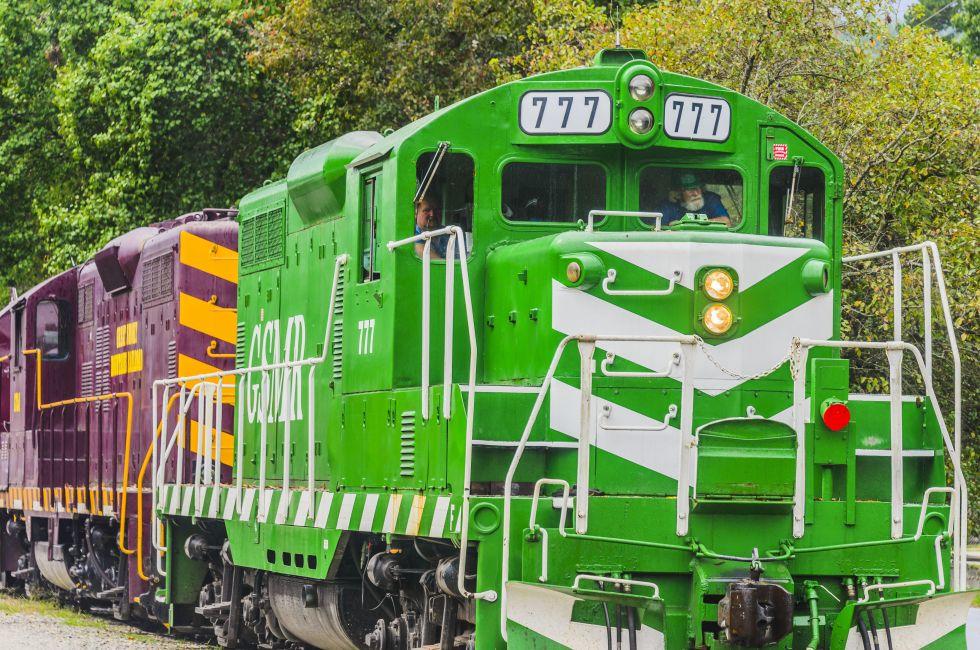 Bryson City, North Carolina--October 4, 2014--The Great Smokey Mountains Railroad comes into the depot in Bryson City, NC to pick up the passengers for the next trip to the Nantahala Gorge.