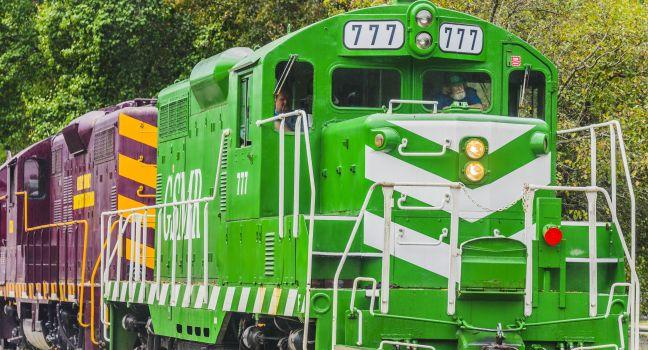 Bryson City, North Carolina--October 4, 2014--The Great Smokey Mountains Railroad comes into the depot in Bryson City, NC to pick up the passengers for the next trip to the Nantahala Gorge.