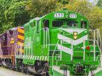 Bryson City, North Carolina--October 4, 2014--The Great Smokey Mountains Railroad comes into the depot in Bryson City, NC to pick up the passengers for the next trip to the Nantahala Gorge.