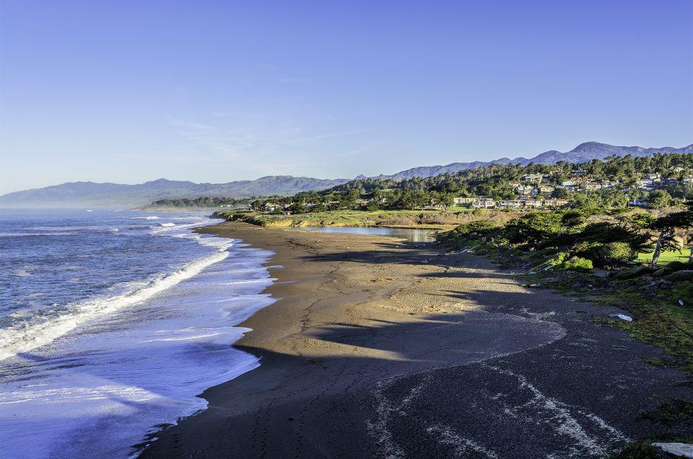Moonstone Beach after King / High tide.Shame Park, Park Hill, & Santa Rosa Creek Estuary can be seen in the background, on California-Central-Coast, near Cambria CA 