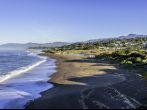 Moonstone Beach after King / High tide.Shame Park, Park Hill, & Santa Rosa Creek Estuary can be seen in the background, on California-Central-Coast, near Cambria CA 
