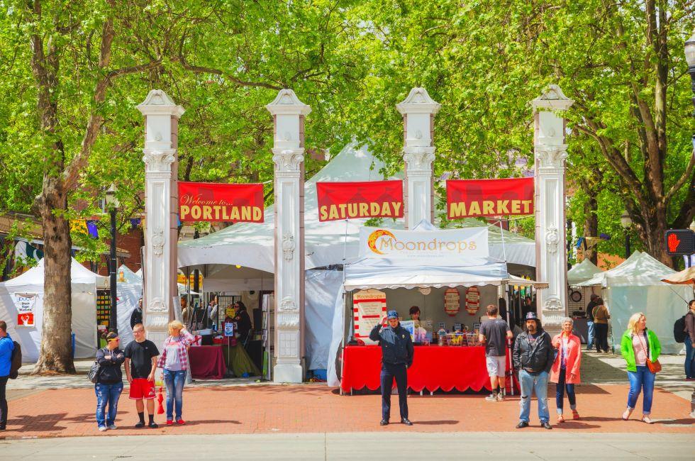 PORTLAND - MAY 04: Portland Saturday Market at Governor Tom McCall Waterfront Park on May 04, 2014 in Portland, Oregon. It's the Rose City's largest outdoor arts and craft market.
