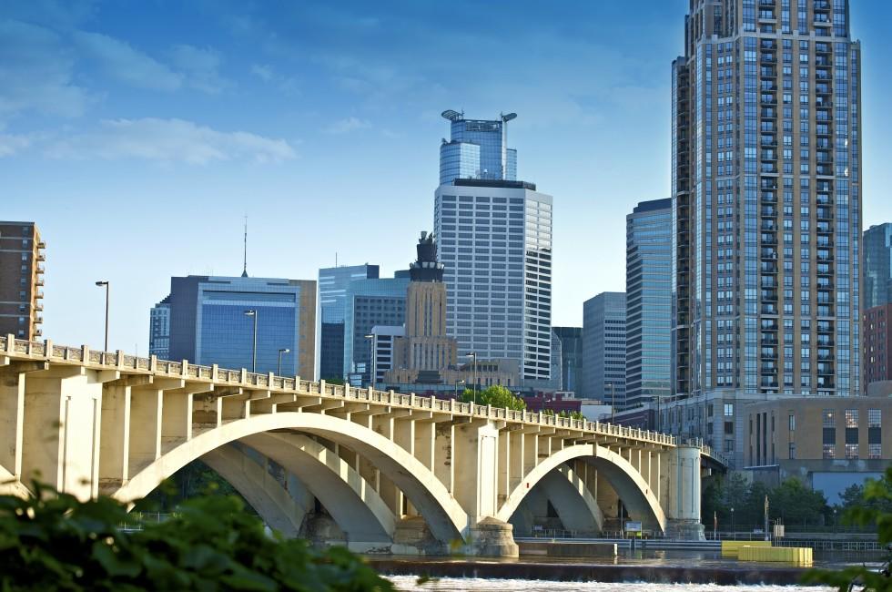Third Avenue Bridge in Minneapolis, Minnesota. Minneapolis Skyline and Mississippi River.; 