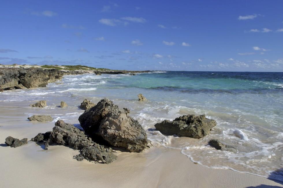Coast with rocks and blue sky on Salt Cay, a Turks and Caicos island 