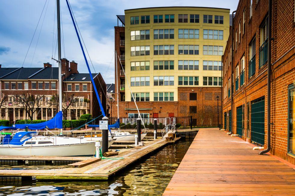 Boats and buildings on the waterfront in Fells Point, Baltimore, Maryland.