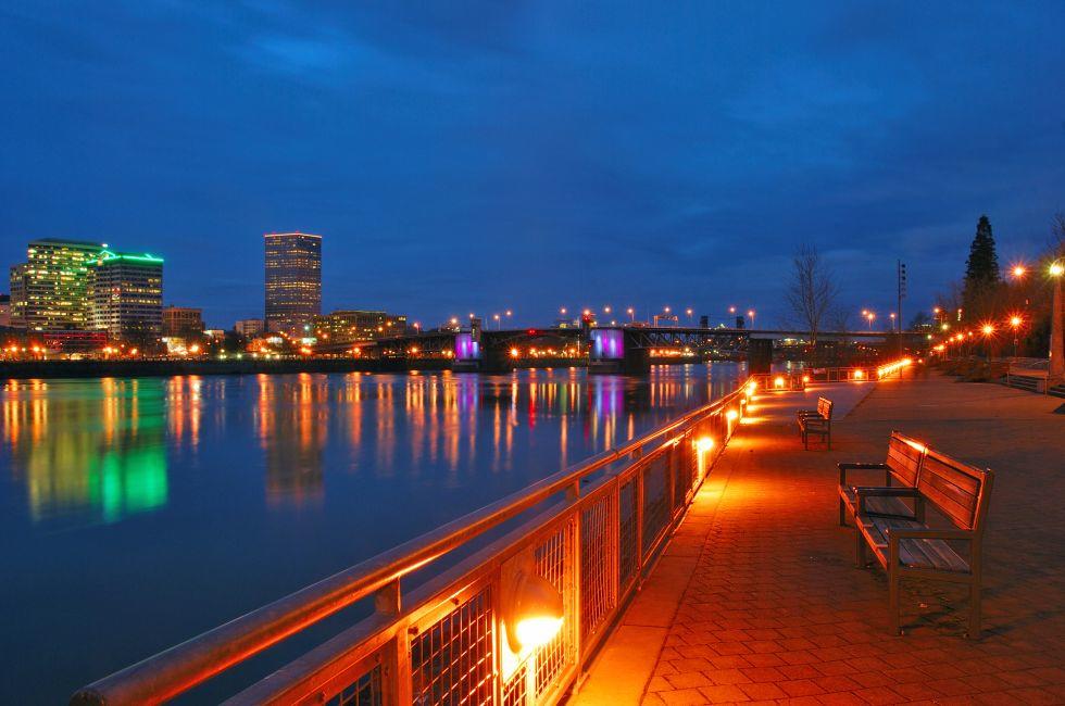 Vera Katz Eastbank Esplanade on the East bank of the Willamette River in downtown Portland Oregon; 
