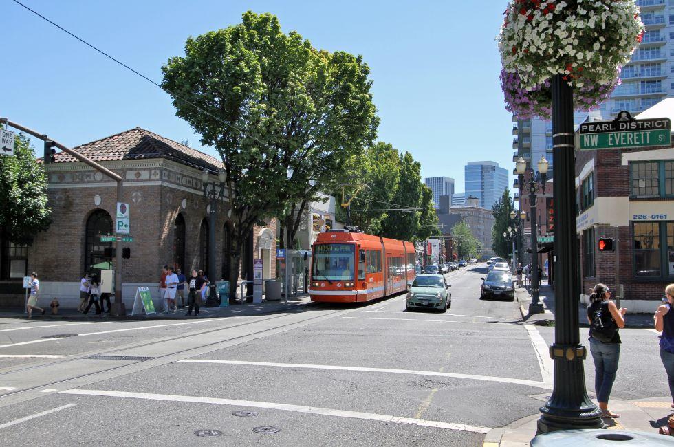 Street tram driving through the popular Pearl District Portland Oregon.