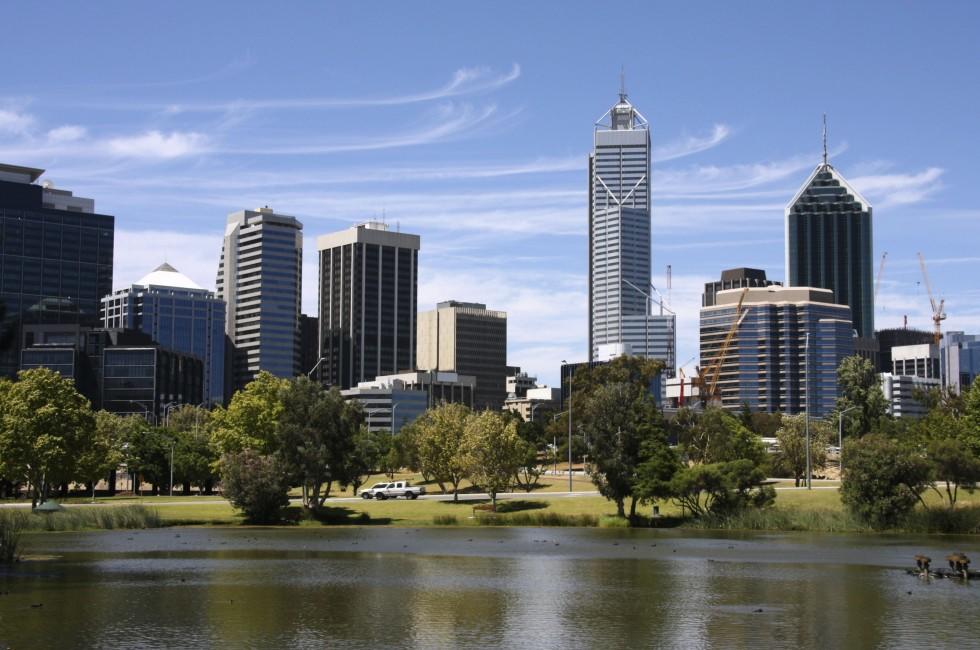 Perth view from John Oldany park. Australian city water reflection. 