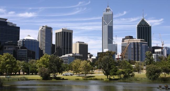 Perth view from John Oldany park. Australian city water reflection. 
