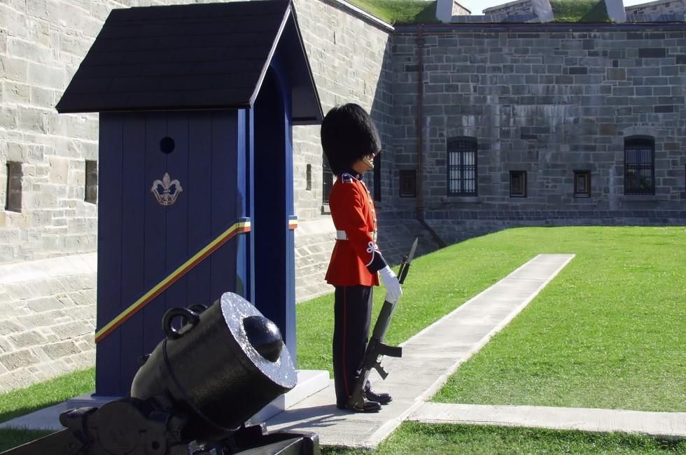 A member of the Canadian Royal 22nd Regiment stands guard at the gates to the Citadel in Old Quebec City, Quebec, Canada.