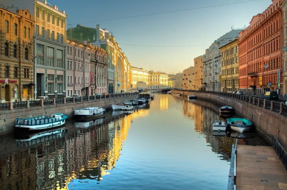 River channel with boats in Saint-Petersburg. Spring.