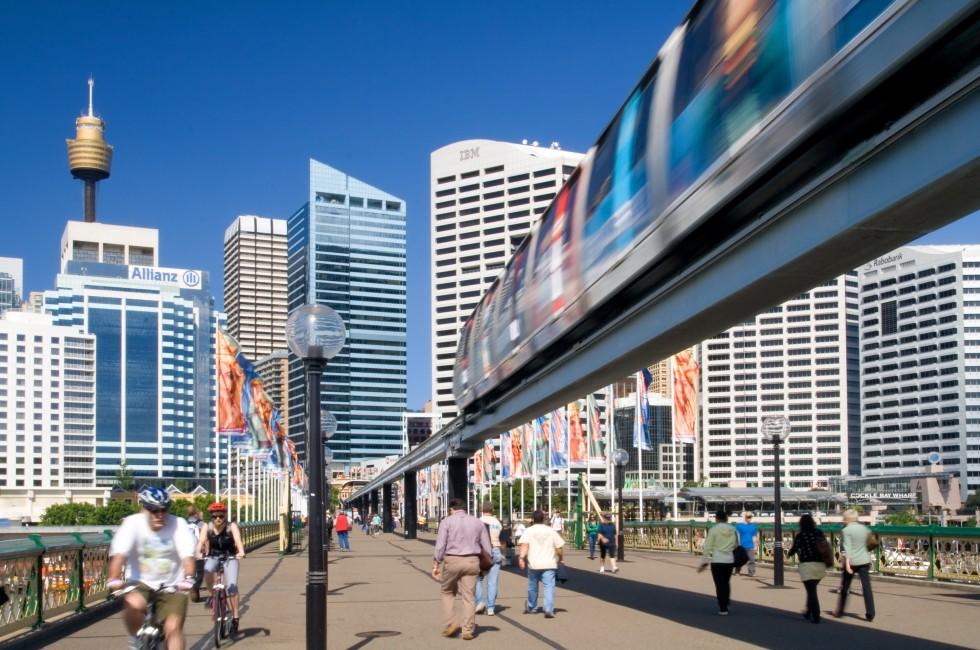 Sydney street view with Monorail and the Sydney Tower; Shutterstock ID 13301665; Project/Title: Fodors; Downloader: Melanie Marin