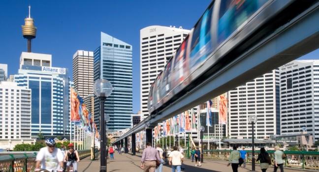 Sydney street view with Monorail and the Sydney Tower; Shutterstock ID 13301665; Project/Title: Fodors; Downloader: Melanie Marin