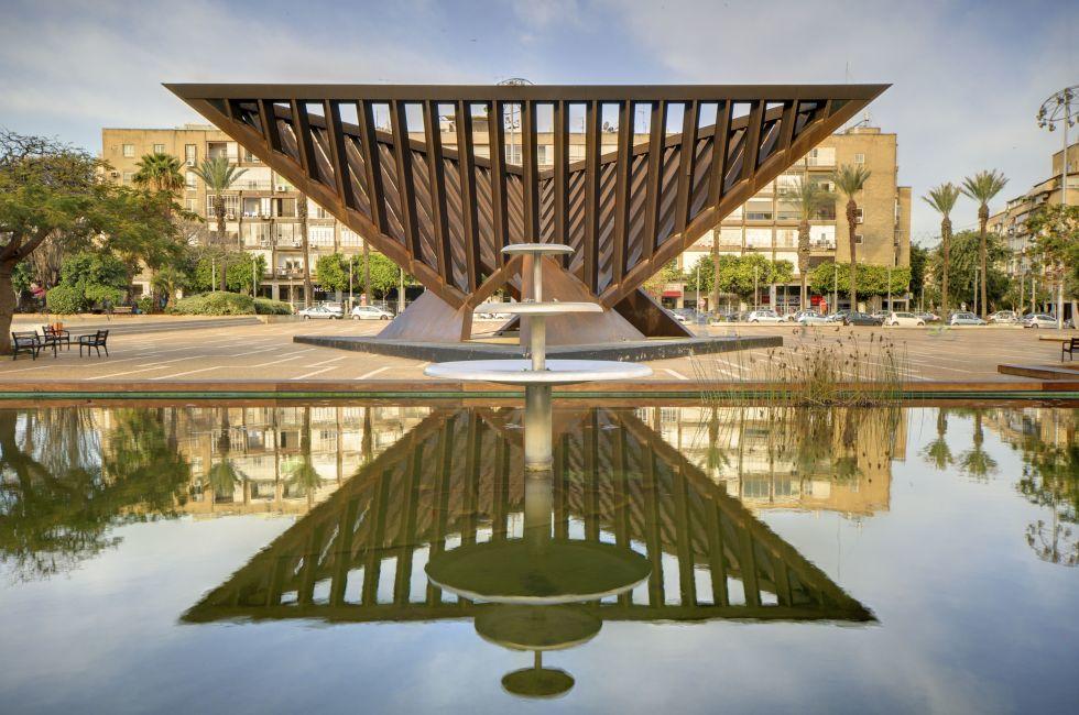 TEL AVIV - FEBRUARY 22: Monument in Rabin Square February 22, 2012 in Tel Aviv, Israel. The assassination of Yitzhak Rabin occurred there in 1995 and it is the site of many peace rallies.