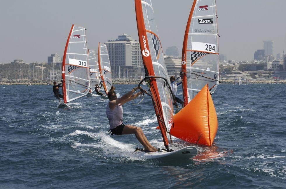 TEL-AVIV, ISRAEL-APRIL 4: Participants compete in the  Israel Youth Championship of Yacht & Windsurfing 2012 on April 2-4, 2012 in Tel-Aviv, Israel