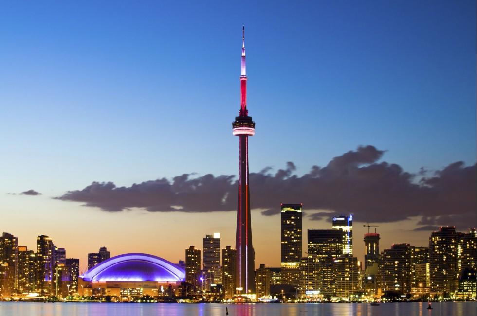 Night sky over Toronto cityscape during sunset. Taken from Center Island.; 