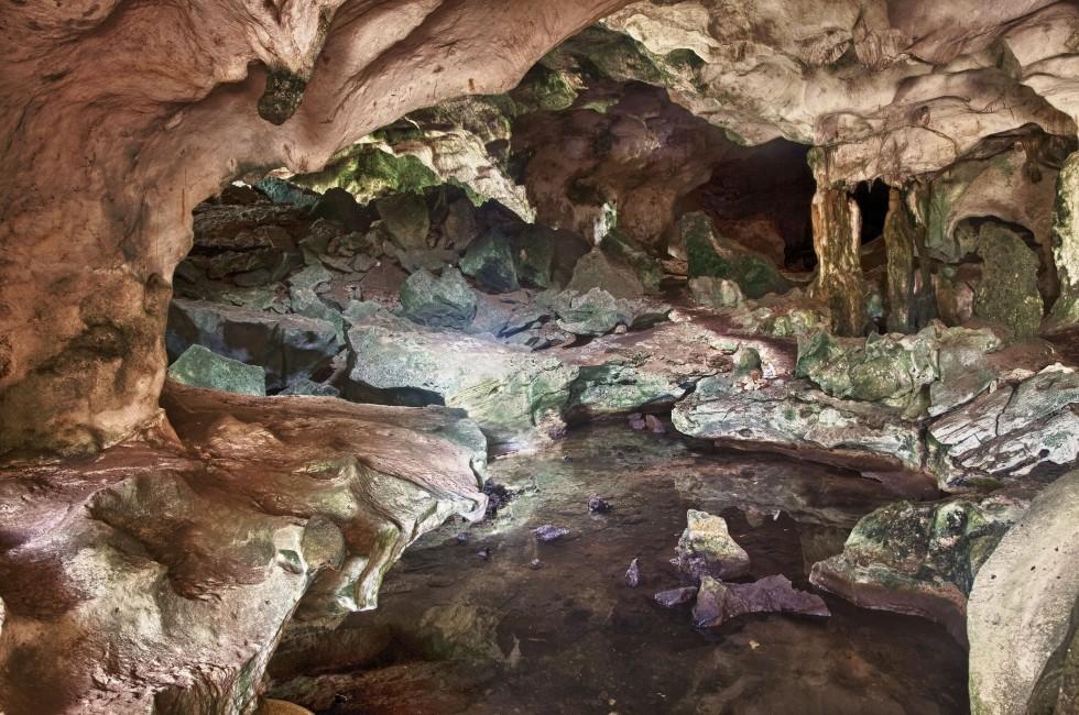 Interior of the limestone caves known as the Conch Bar Caves on the island of Middle Caicos in the Turks and Caicos Islands.  Dripping water has caused pools and mineral leaching. 