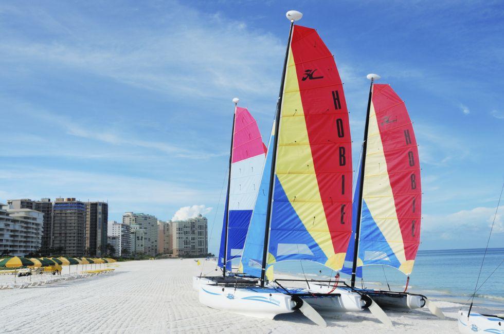 Marco Island, Florida, USA - July 11, 2008: Hobie Cat sailboats on beach on Marco Island, Florida, USA