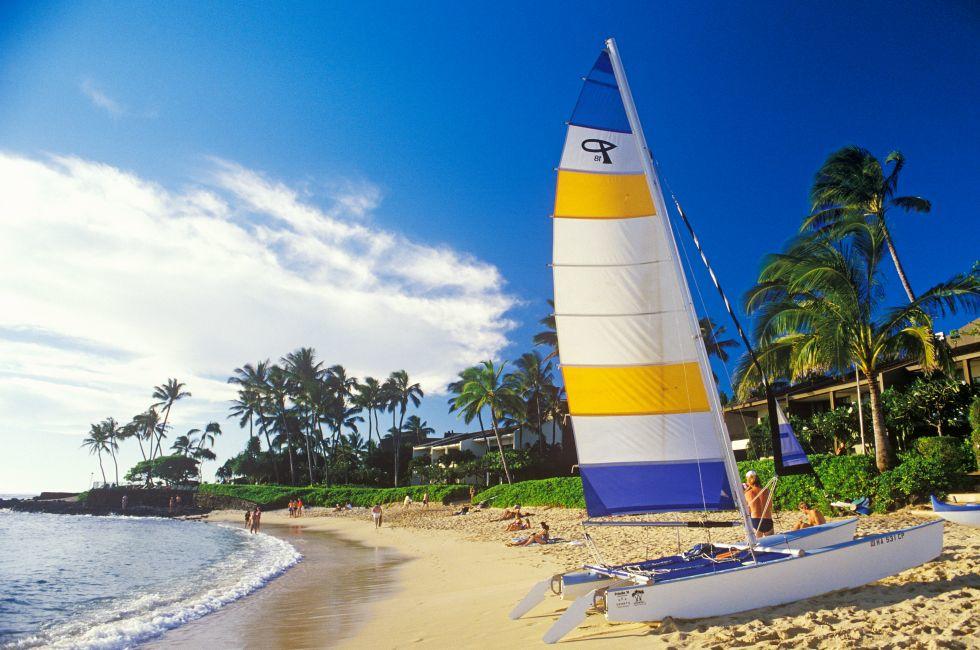 A sailboat launched on the beach in Kauai, Hawaii. 