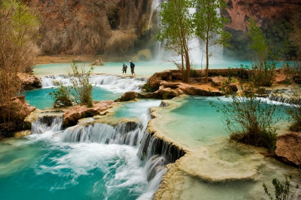 Hiking at beautiful Havasu Falls in Arizona. 