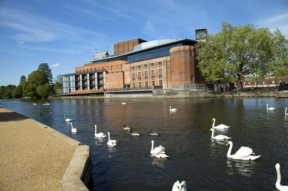Stratford upon Avon the birthplace of  William Shakespeare and the RSC brick theatre on the River Avon