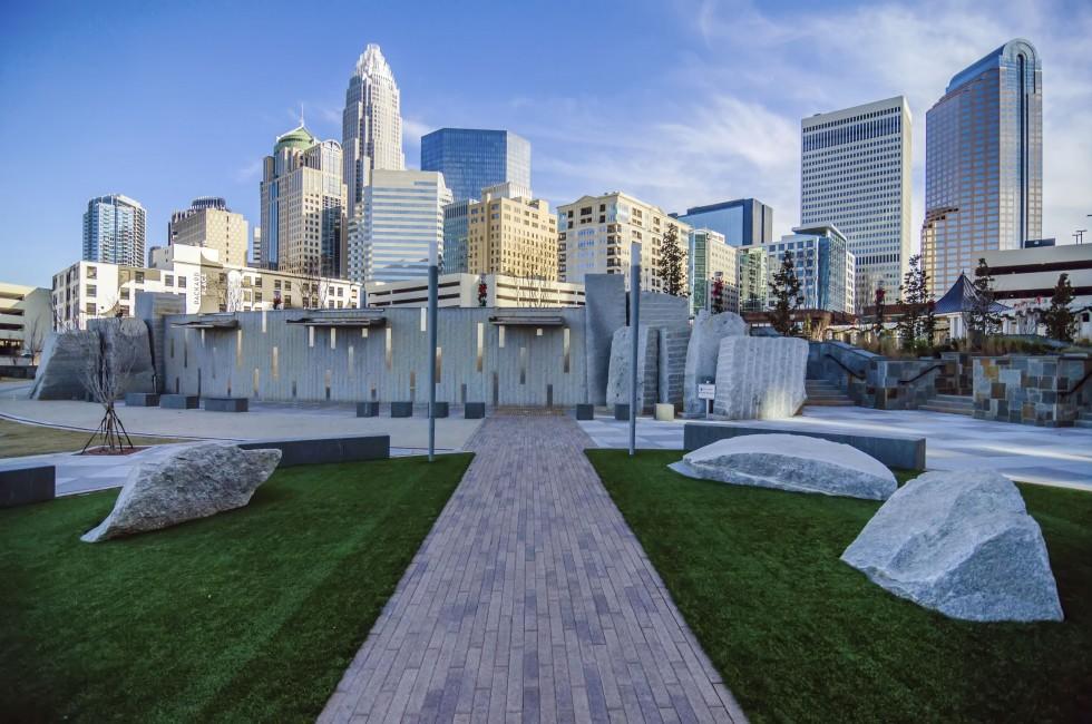 CHARLOTTE, NC - DECEMBER 27, 2013, Charlotte, NC - view of Charlotte skyline at night near Romare Bearden park.