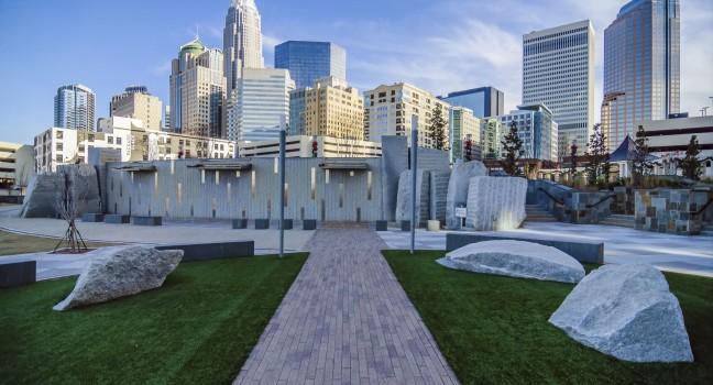 CHARLOTTE, NC - DECEMBER 27, 2013, Charlotte, NC - view of Charlotte skyline at night near Romare Bearden park.