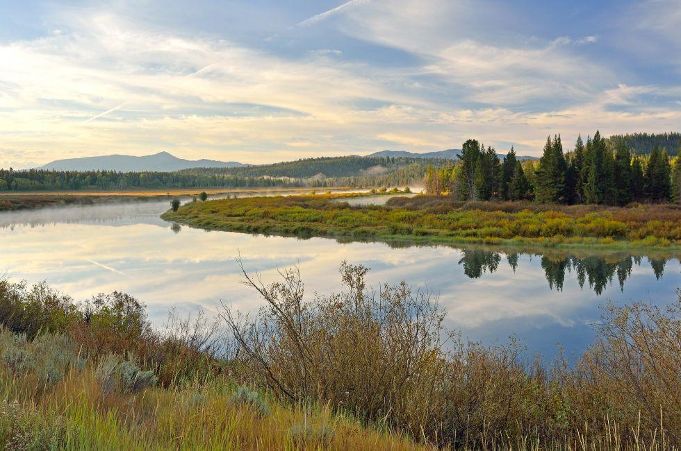 Sunrise in the Grand Teton National Park - Oxbow Bend overlook of the Snake River. This is facing away from the Teton range