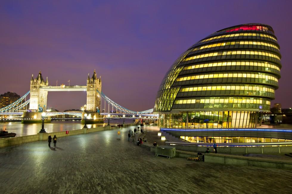 LONDON, ENGLAND FEB 17: London City Hall, headquarter of London Authority and Tower Bridge on Feb 17, 2012 in London, United Kingdom.; 