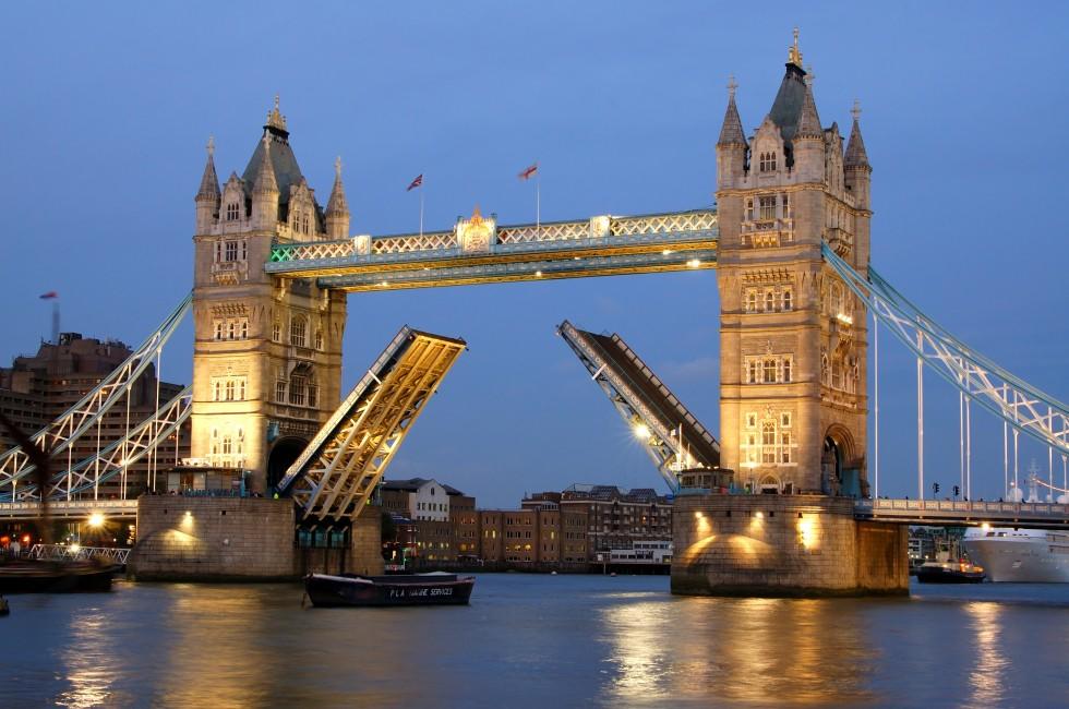 Tower Bridge, London,at sunset, span open.
