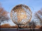 Unisphere globe in Flushing Meadows Corona Park in Queens New York at sunset.