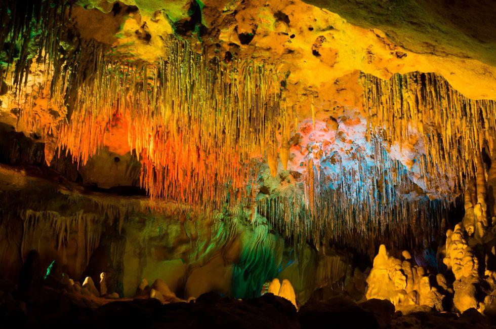 Colored lights in  the cave at Florida Caverns State Park ; 