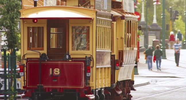 Ancient English tram on the Christchurch's street, New Zealand;  