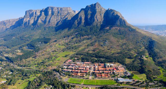 Aerial view of Cape Town University & Table Mountain, South Africa