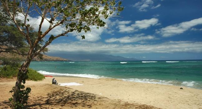 The lovely and quiet Puamana Beach in west Maui in the Hawaiian Islands.