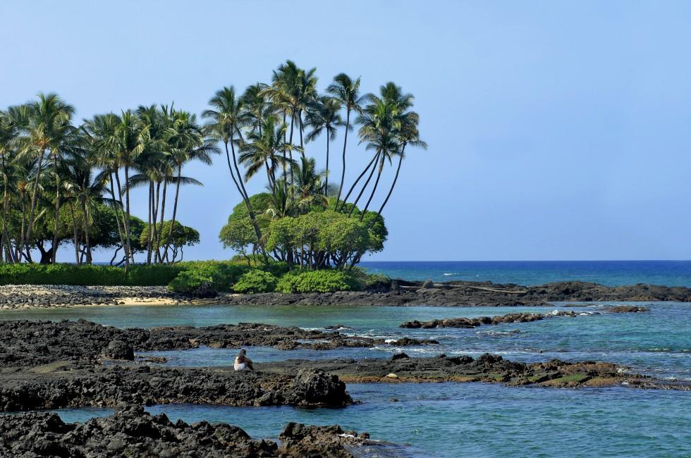 Young woman sits on the lava rocks of Anaehoomalu Bay on the Kohala Coast of the Big Island of Hawaii.  She is watching a green sea turtle that is basking in the sunlight and resting.