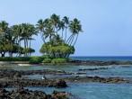 Young woman sits on the lava rocks of Anaehoomalu Bay on the Kohala Coast of the Big Island of Hawaii.  She is watching a green sea turtle that is basking in the sunlight and resting.