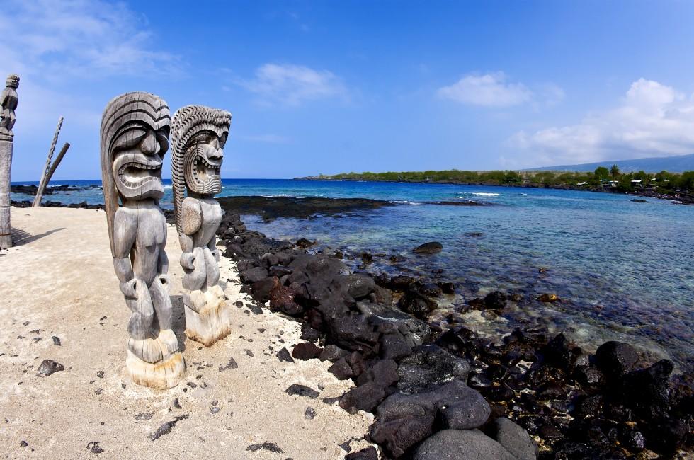 The Ki’i guard the Temple of Hale o Keawe at Place of Refuge in Kona Hawaii.
