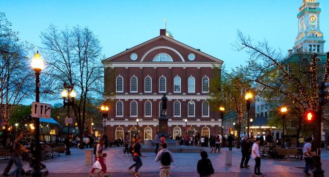 BOSTON, USA - APRIL 20: A market place and a meeting hall since 1742, the Faneuil Hall in Boston was also the site of several speeches by Samuel Adams and James Otis. Seen at dusk on April 20, 2012.