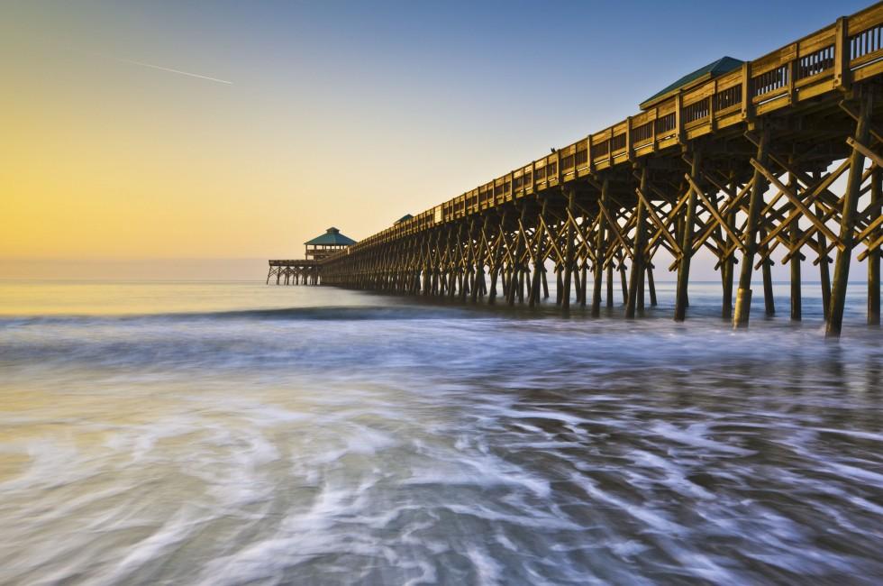 Folly Beach Pier Charleston SC Coast Atlantic Ocean Pastel Sunrise vacation destination scenics.