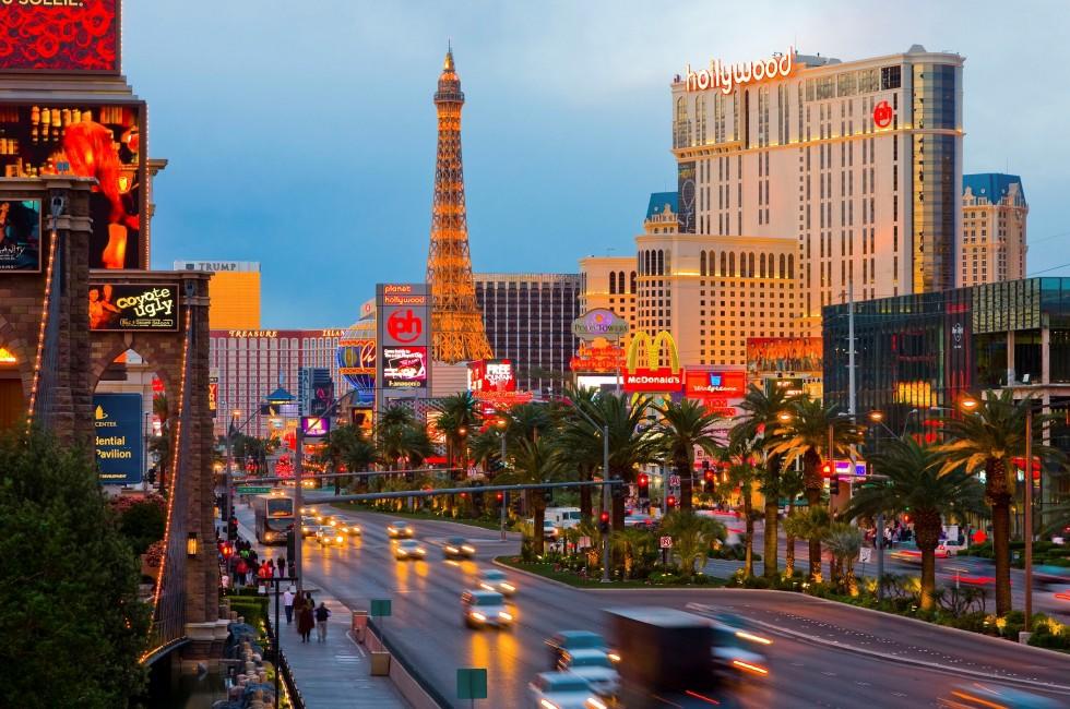 LAS VEGAS - APRIL 15: In this time lapse image, traffic travels along the Las Vegas strip on April 15, 2009 in Las Vegas. The strip is approximately  4.2 mi (6.8 km) long.