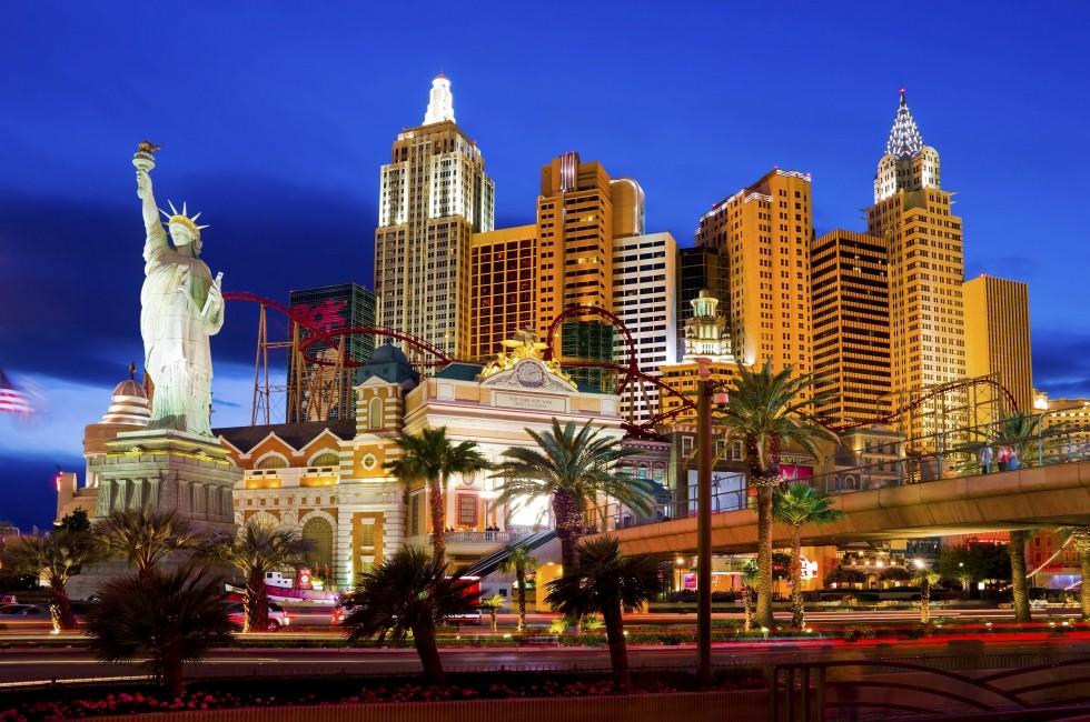 New York-New York located on the Las Vegas Strip in Las Vegas. Replica of the Statue of Liberty is 150 ft (46 m) and the property opened in 1997.