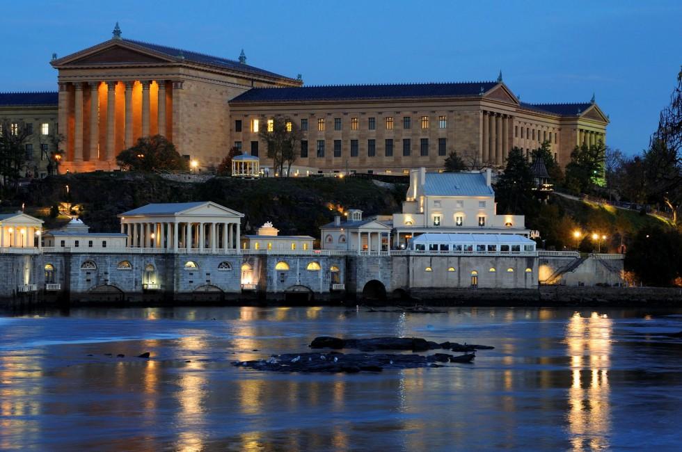 Philadelphia Art Museum and Fairmount Water Works at Dusk.
