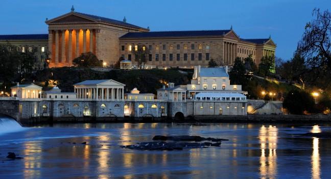 Philadelphia Art Museum and Fairmount Water Works at Dusk.