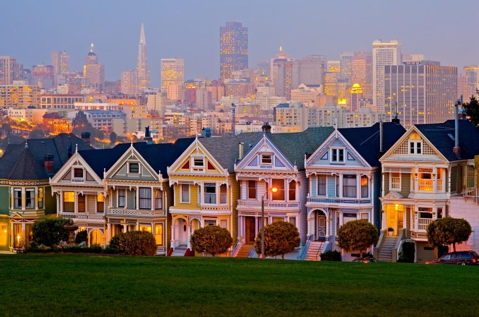 Alamo Square in San Francisco at night.