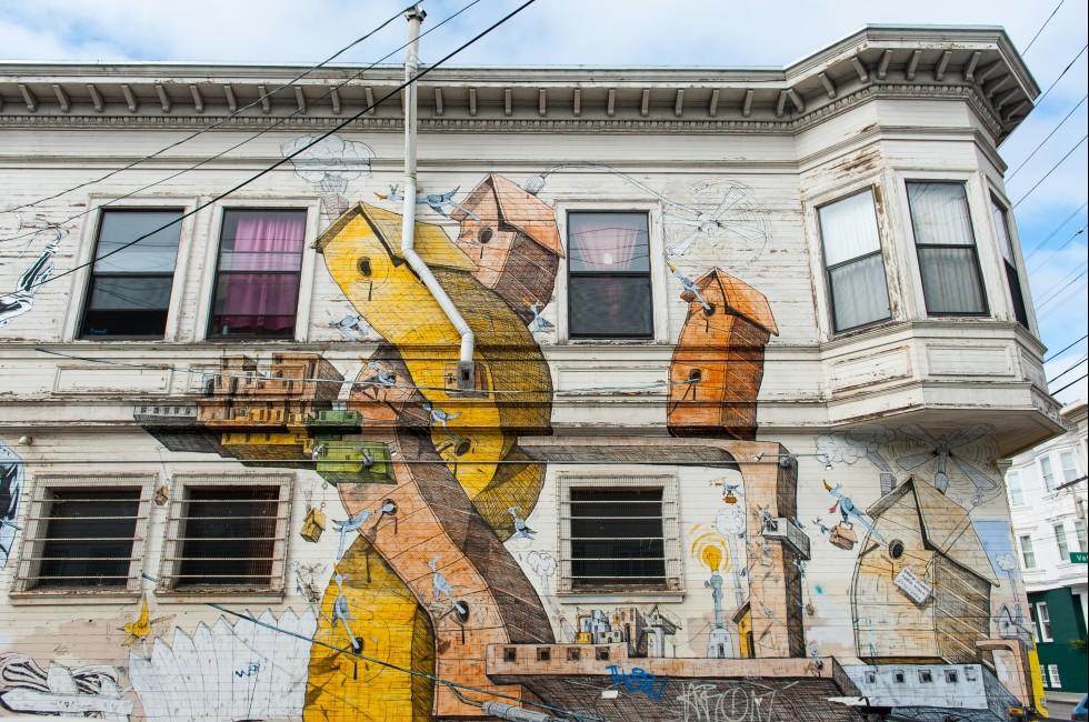 SAN FRANCISCO - OCTOBER 04: Mural in Mission District neighborhood in San Francisco on OCTOBER 04 2012 , A mural is any piece of artwork painted directly on a wall or other large permanent surface.