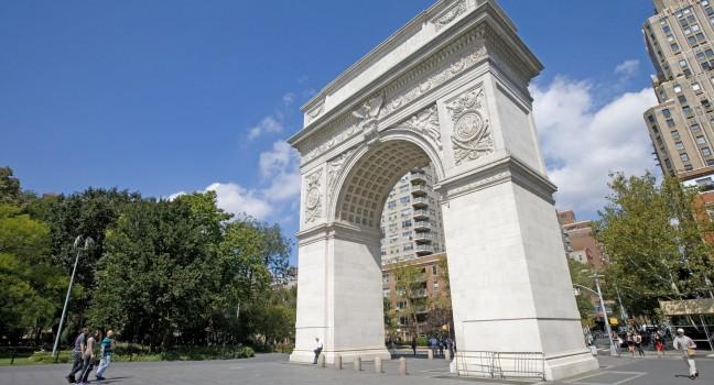 NEW YORK CITY - SEPTEMBER 13: Washington Square Arch built in 1892 to commemorate George Washington centennial inauguration as president, September 13, 2010 in New York, NY.