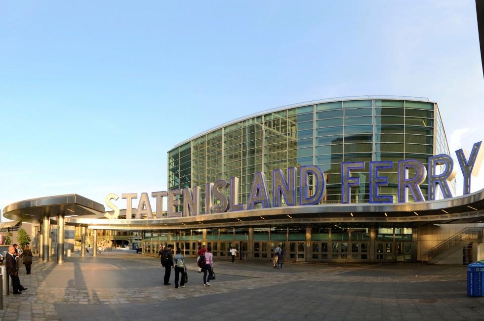 Staten Island Ferry in New York, NY. The passenger ferry operates 24 hours a day and carries 19 million people annually.